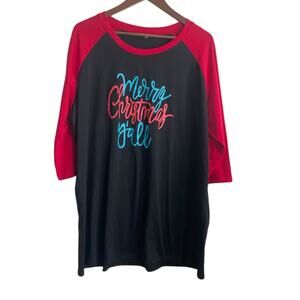 Merry Christmas Y’all Women Top 2X Raglan Multicolor‎ Tee Festive Holiday Casual